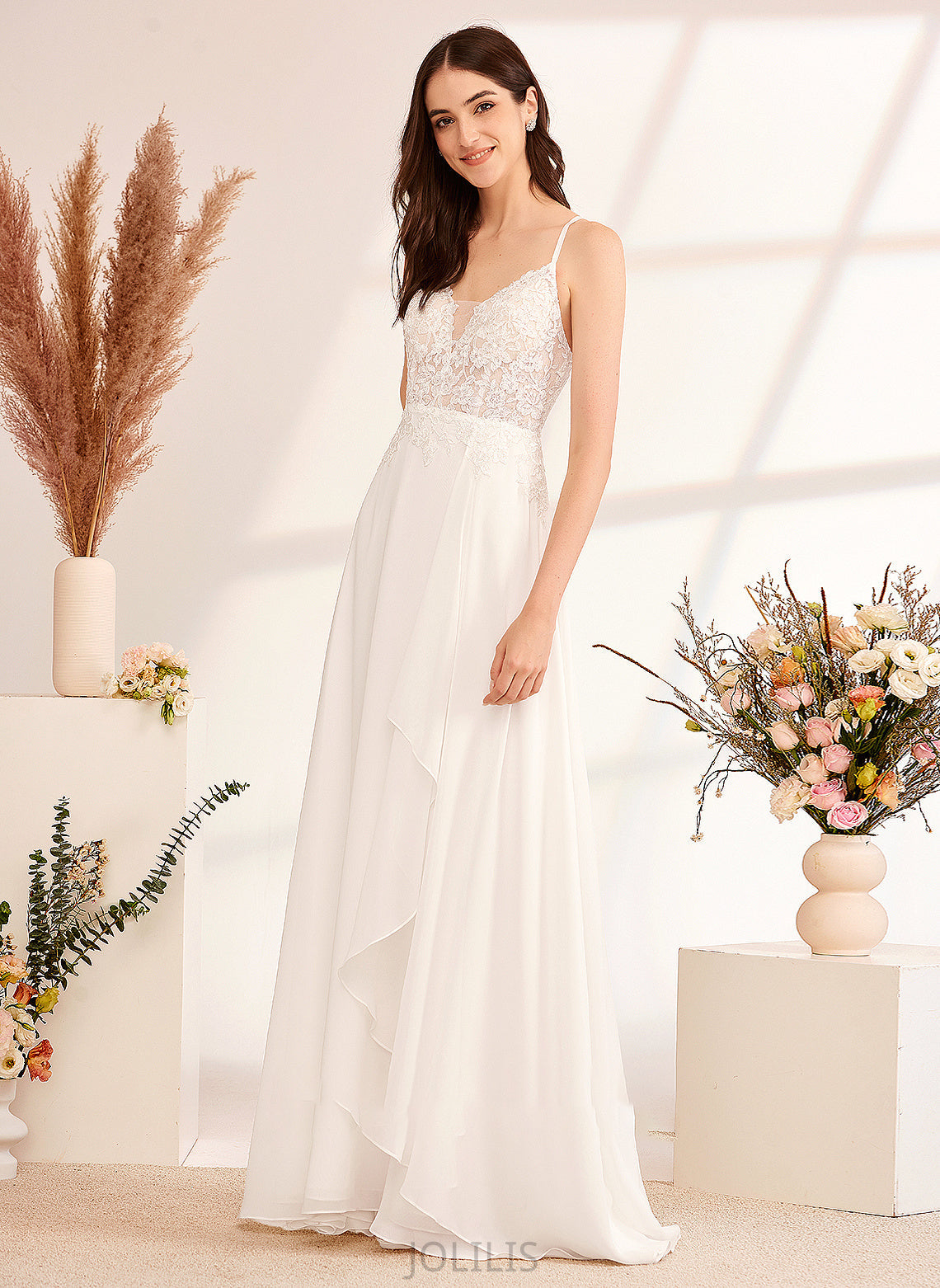 Floor-Length Dress Wedding A-Line V-neck Adeline Sequins Wedding Dresses With