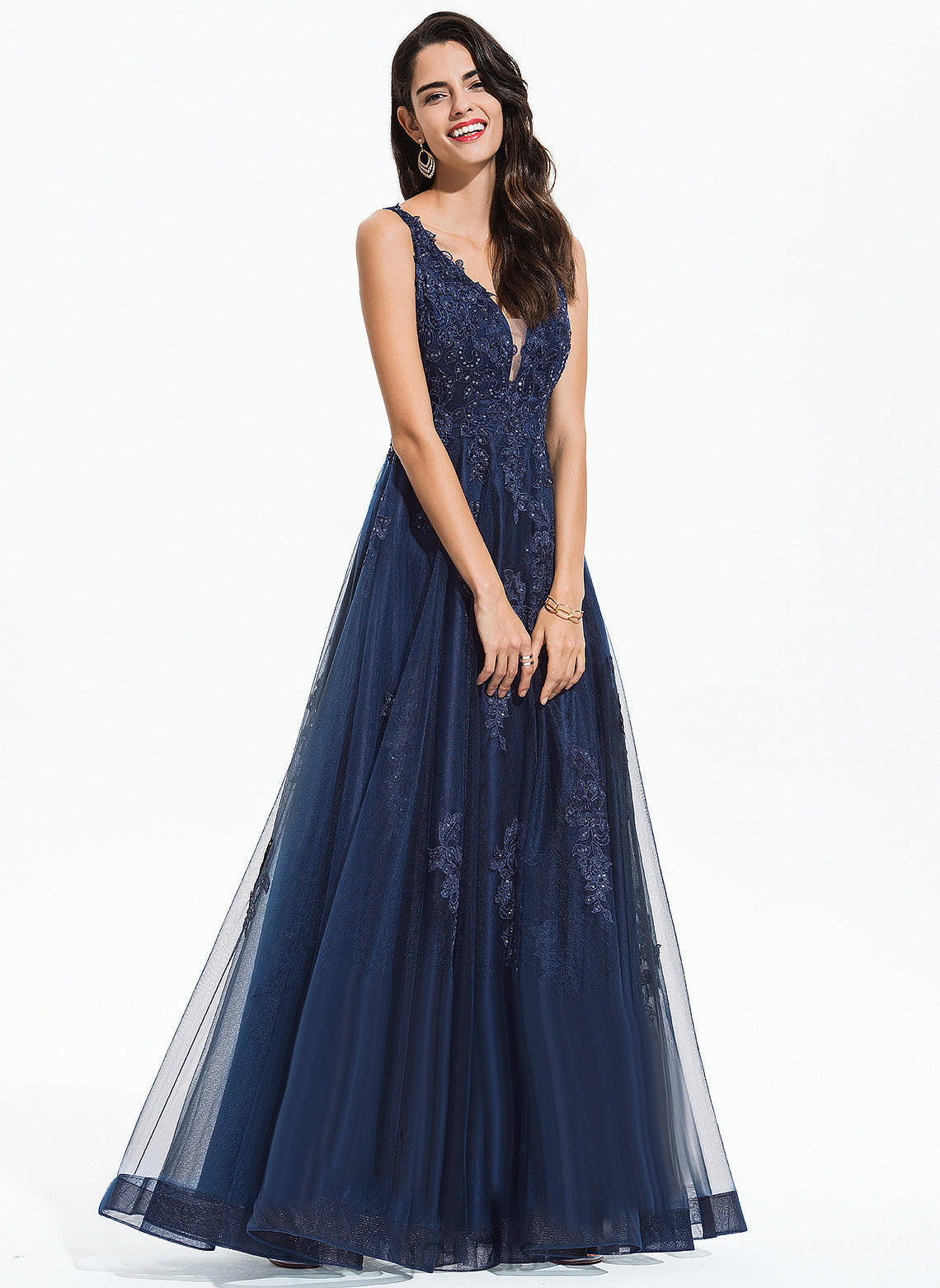 Sequins Floor-Length Tulle A-Line Emelia Prom Dresses With V-neck