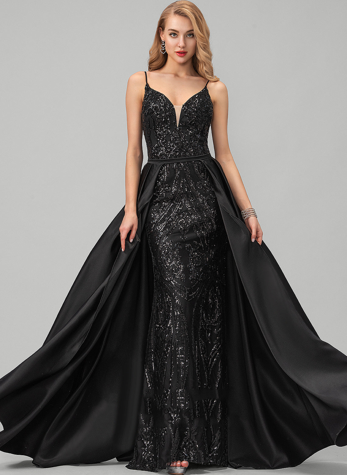 Floor-Length Sheath/Column Satin Rebekah Sequined Prom Dresses V-neck