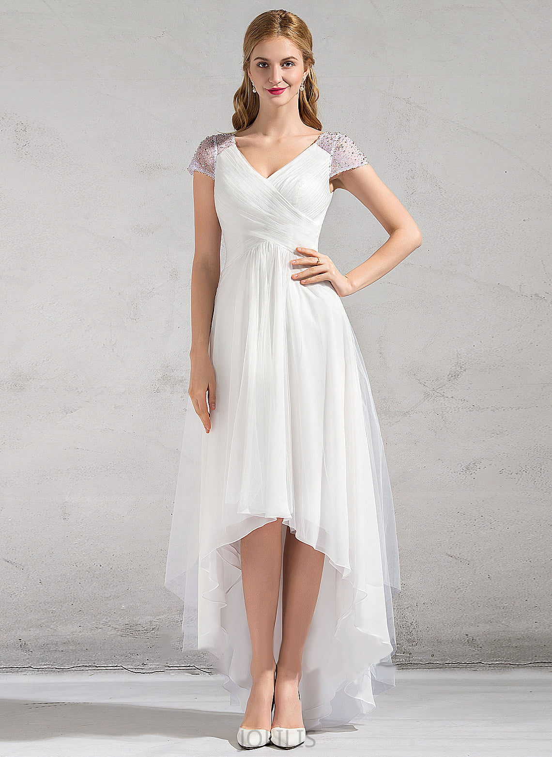 A-Line V-neck Asymmetrical Tulle Lacey Dress Ruffle Sequins Beading Wedding Dresses With Wedding