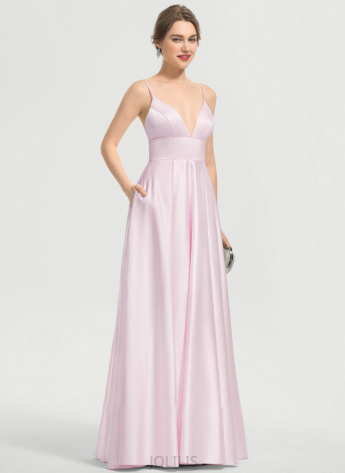 Prom Dresses With A-Line V-neck Pockets Satin Floor-Length Kitty