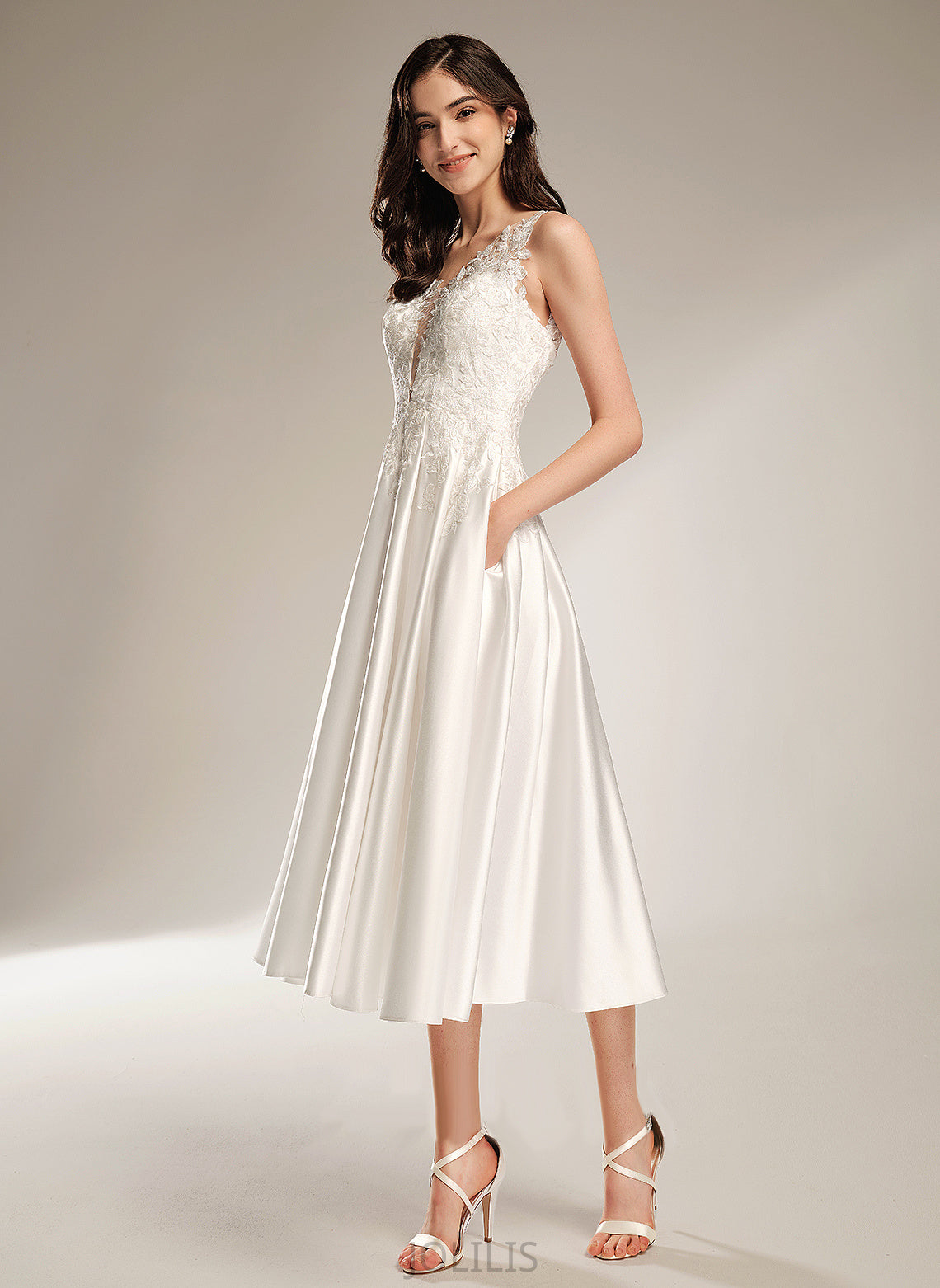 A-Line With V-neck Raquel Wedding Tea-Length Pockets Dress Wedding Dresses Satin Lace