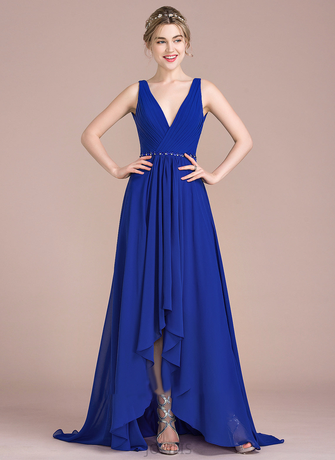 Asymmetrical A-Line With Beading Chiffon Sequins V-neck Prom Dresses Ruffle Sibyl