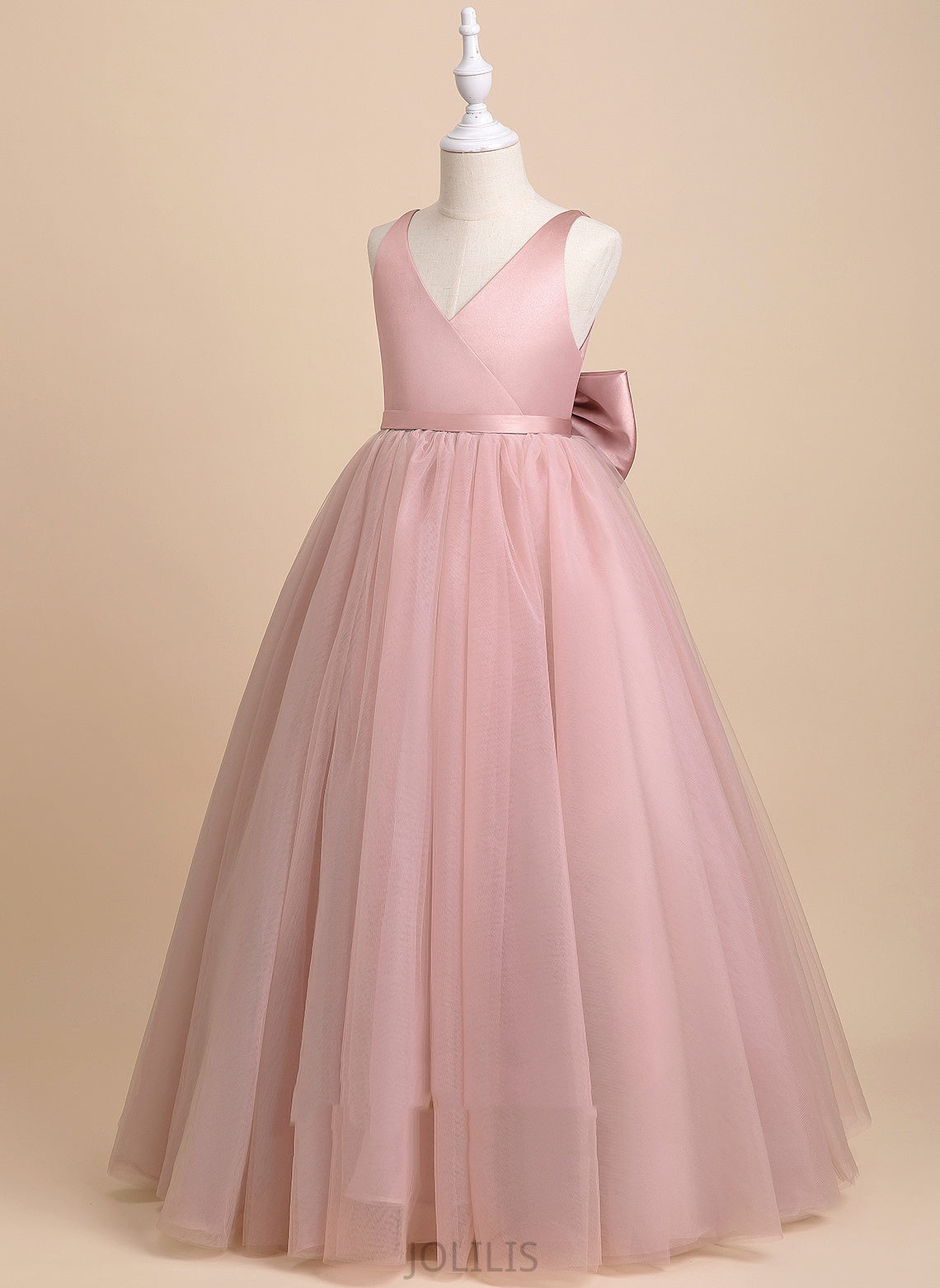 With Alisha Sleeveless - Back Ball-Gown/Princess Flower Girl Dresses Tulle Girl Flower Dress V-neck Floor-length Bow(s)/V