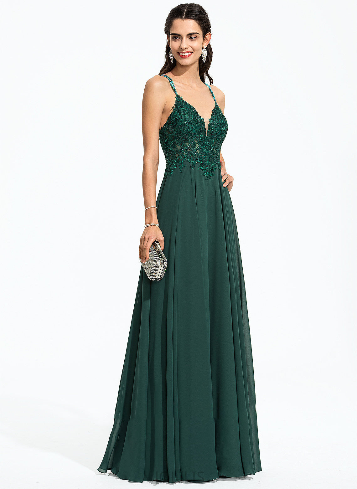 A-Line Sequins Prom Dresses Noemi Floor-Length Chiffon With Beading V-neck