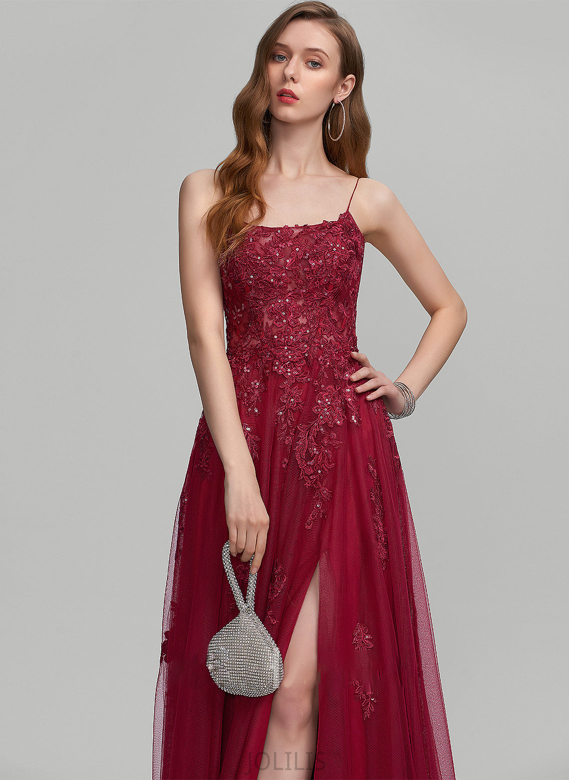 Floor-Length A-Line Yuliana Split Neckline With Front Sequins Prom Dresses Tulle Square