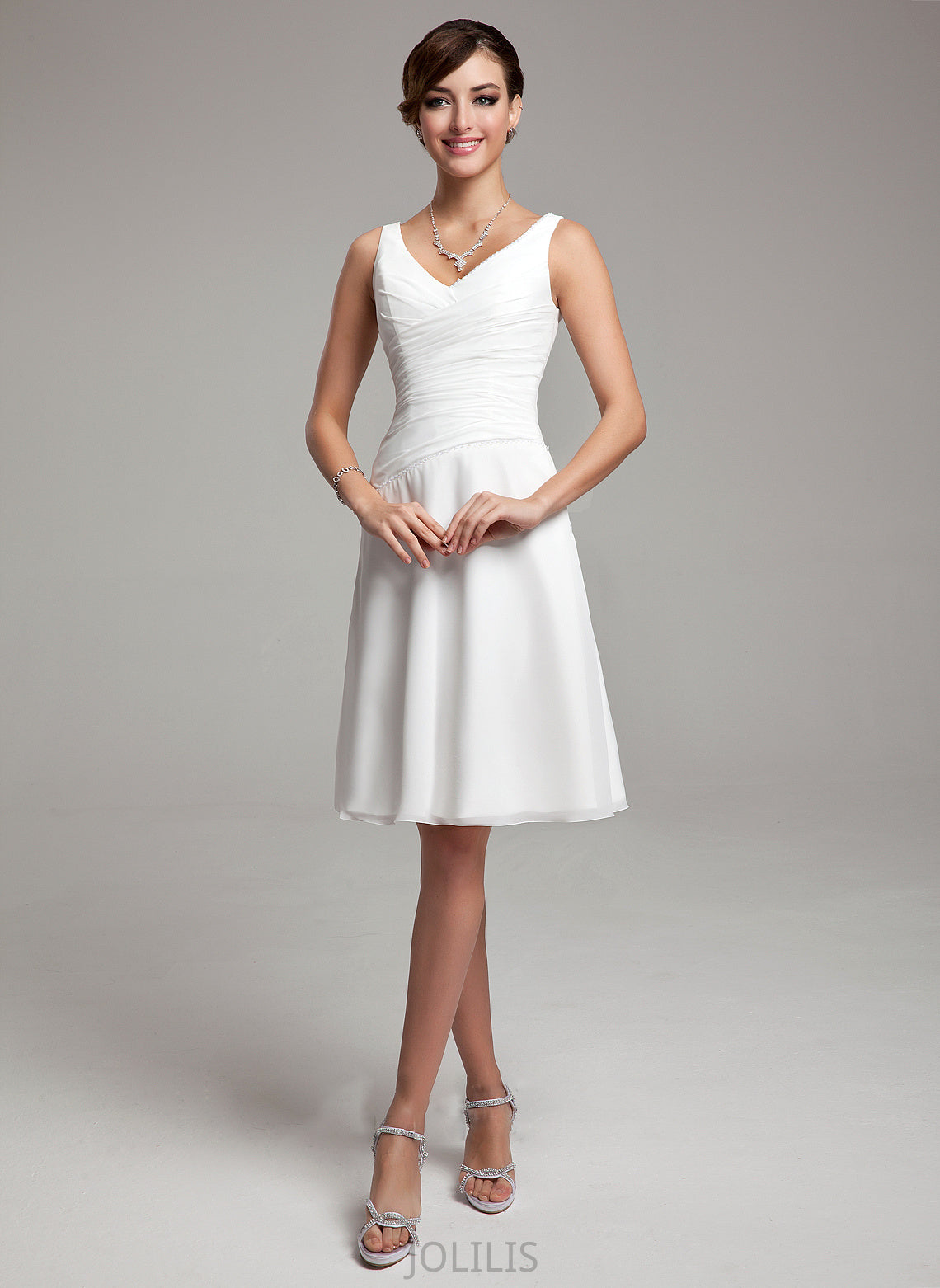 A-Line Dress Beading Wedding V-neck Sequins Knee-Length Chiffon Ruffle Nora With Wedding Dresses