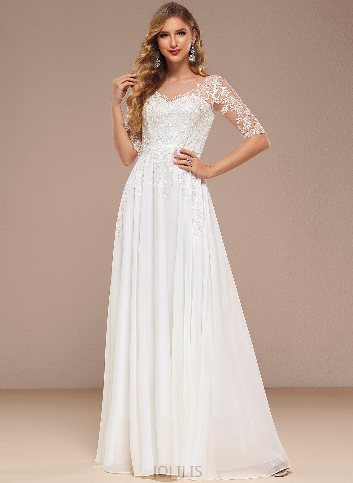 Floor-Length Wedding Louise Dress Wedding Dresses V-neck A-Line Chiffon Lace