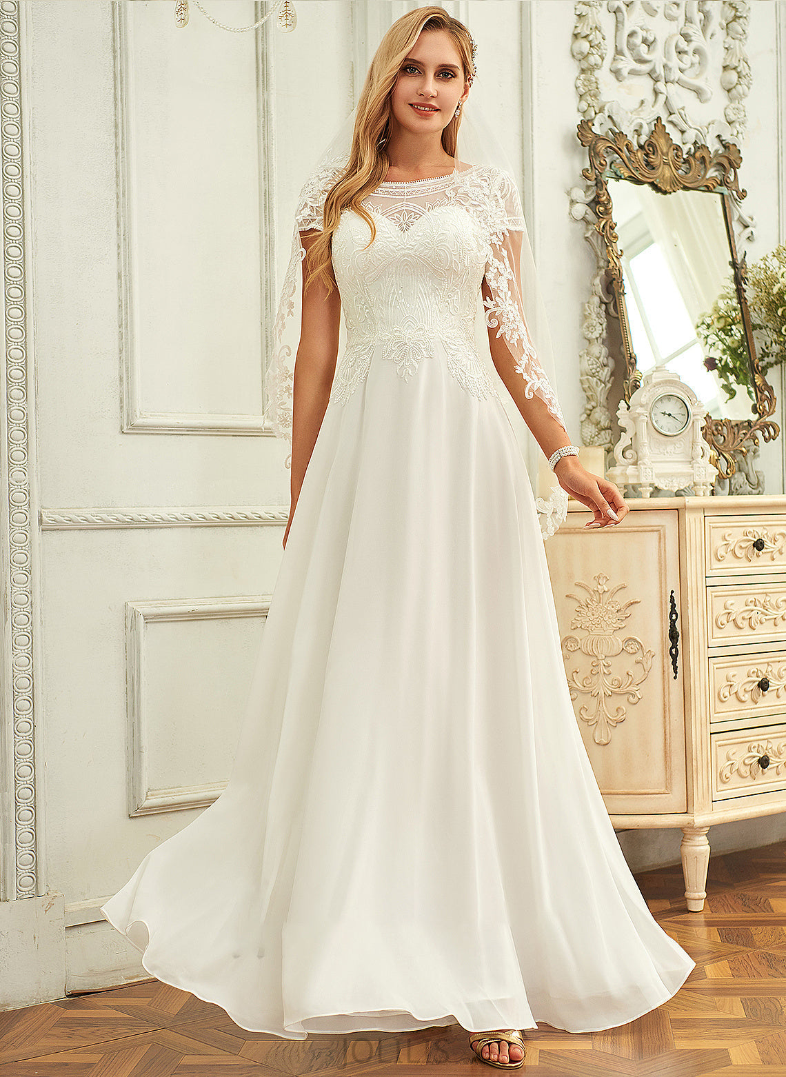 Floor-Length Marina Wedding Dresses Sequins Neck Lace With Wedding Scoop Chiffon A-Line Dress