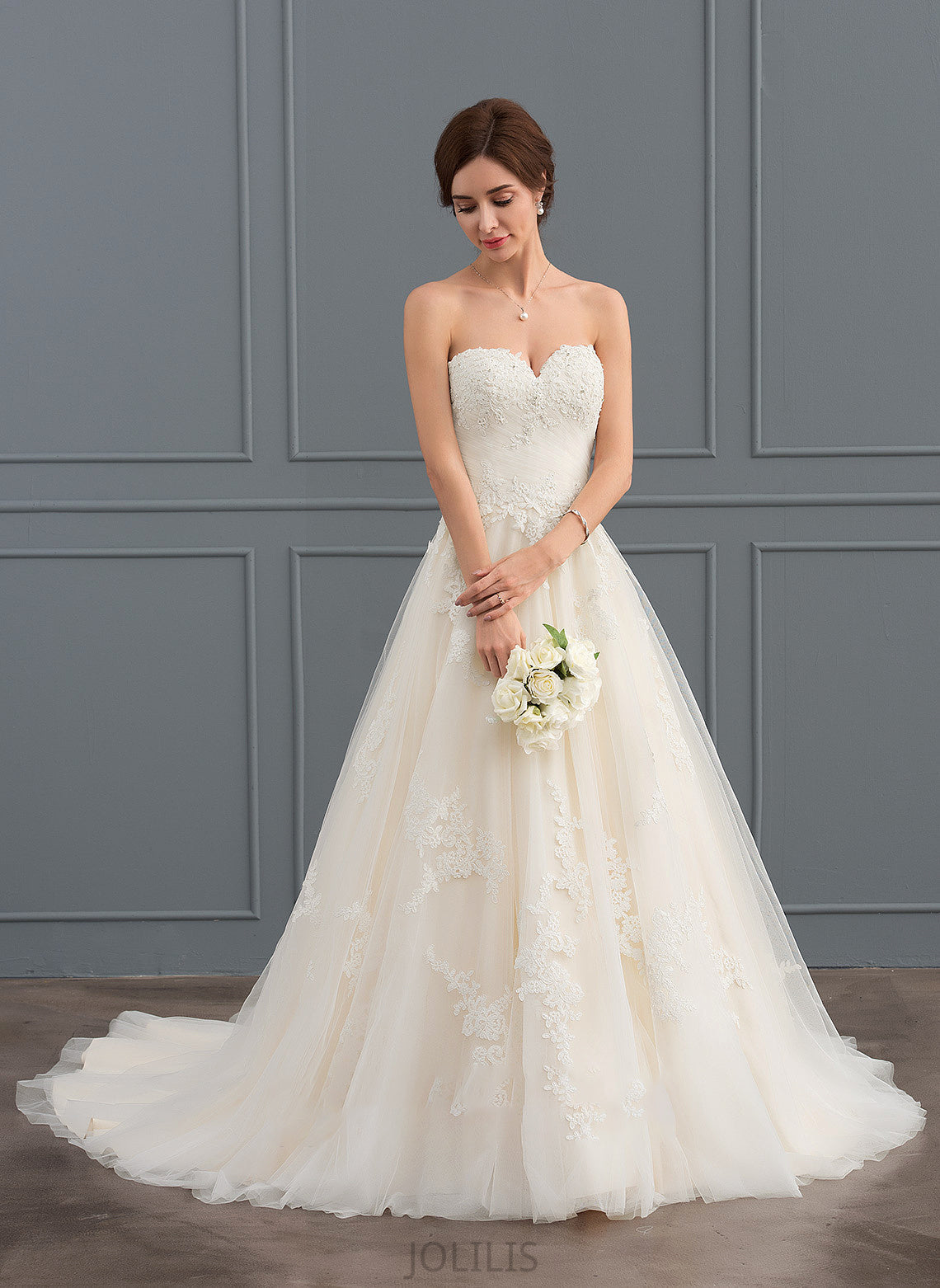 Tulle Train Ball-Gown/Princess Ruffle Dress With Wedding Wedding Dresses Sweetheart Court Beading Whitney