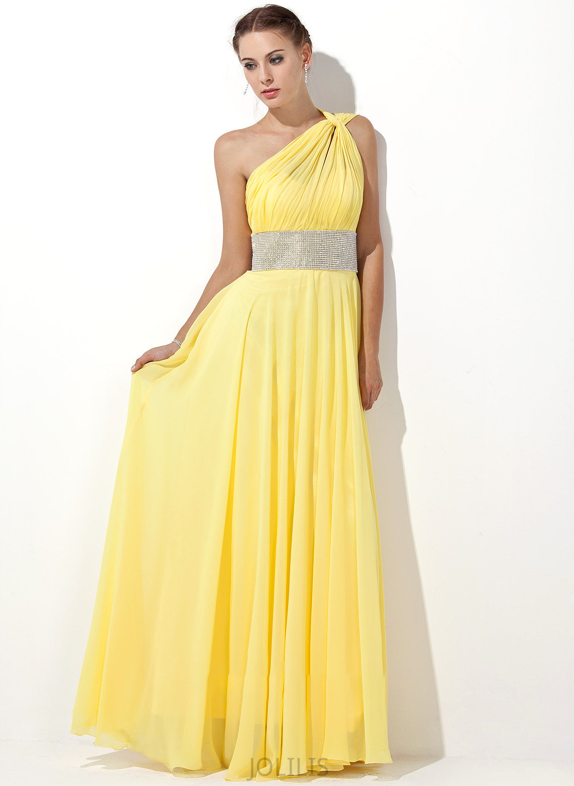 Floor-Length One-Shoulder Chiffon Kira With Ruffle Prom Dresses A-Line Beading