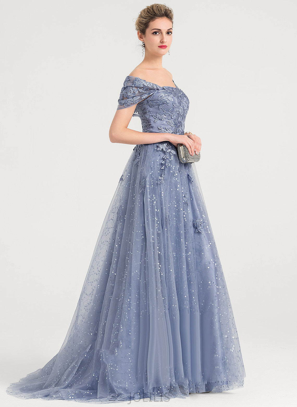 Tulle Ball-Gown/Princess Sweep Train With Jaylen Lace Prom Dresses Sequins Off-the-Shoulder