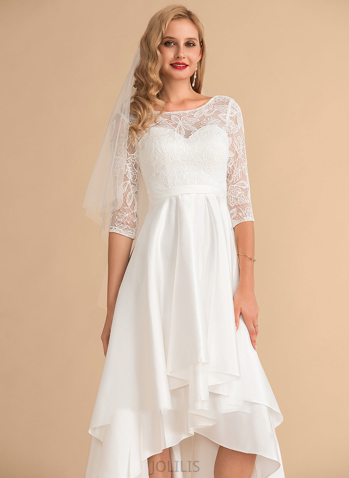 Dress Satin Neck Scoop Cadence Wedding Wedding Dresses A-Line Asymmetrical Lace