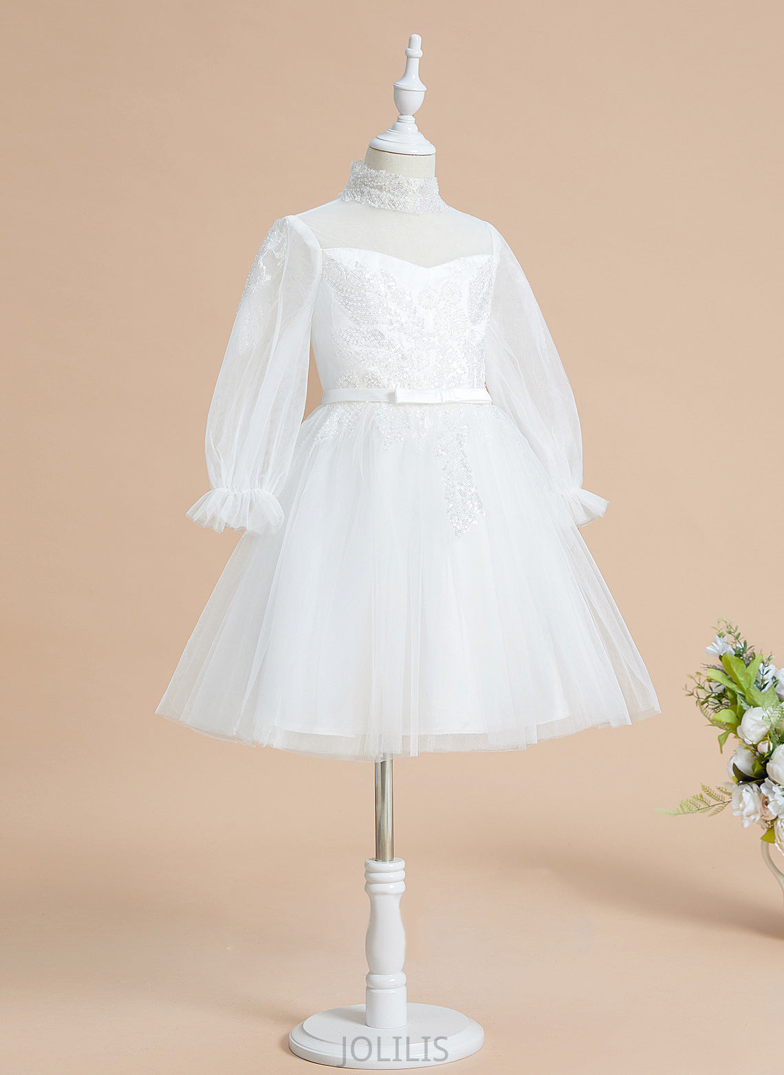 Girl Long Sleeves Flower Girl Dresses Neck Flower - Sequins With High Knee-length Penny Tulle Dress A-Line