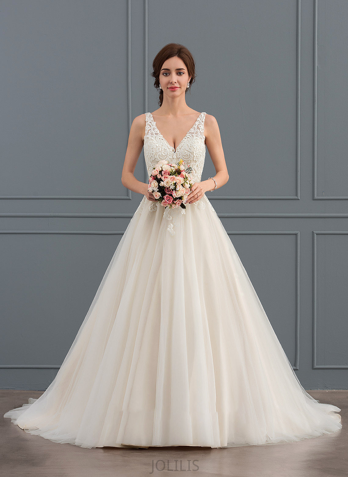 Aubrie Ball-Gown/Princess Train Dress Court Wedding Dresses V-neck Tulle Wedding