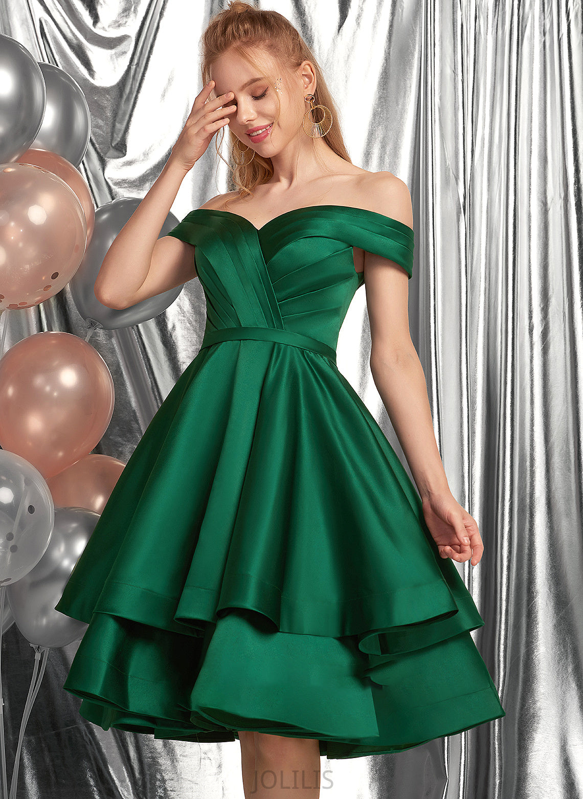 Prom Dresses With Ruffle Knee-Length Satin A-Line Off-the-Shoulder Skye