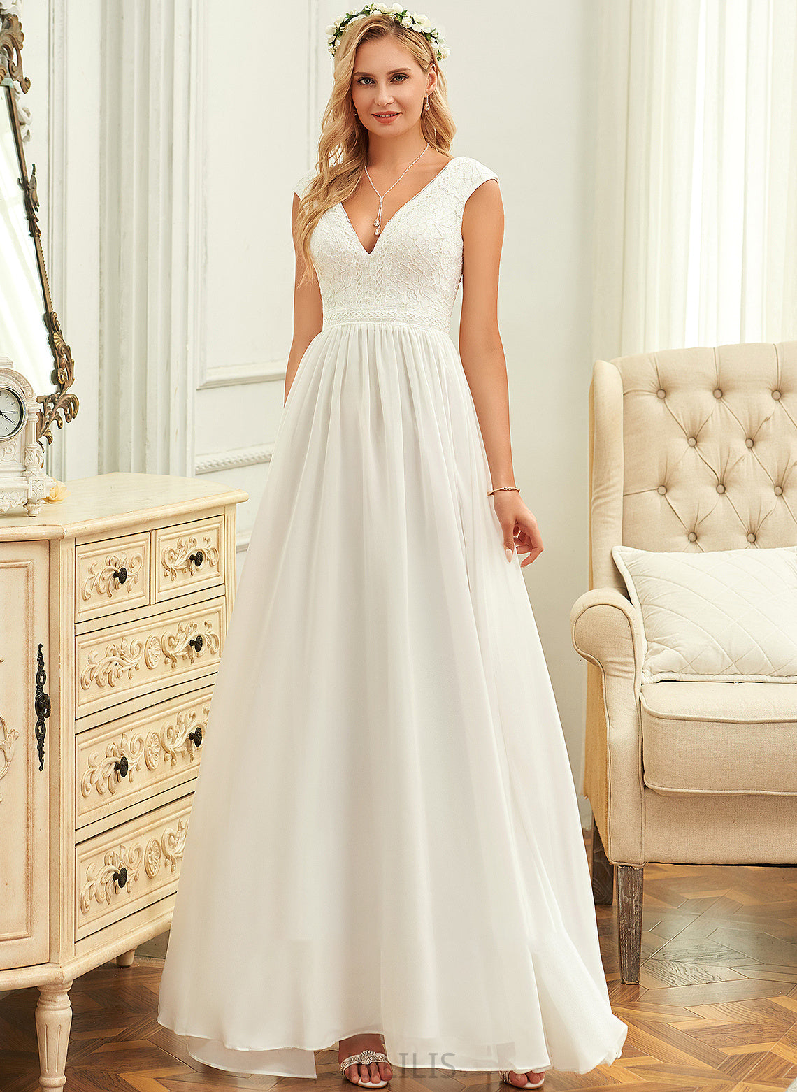 A-Line Chiffon Floor-Length Wedding V-neck Lace Dress Wedding Dresses Claire