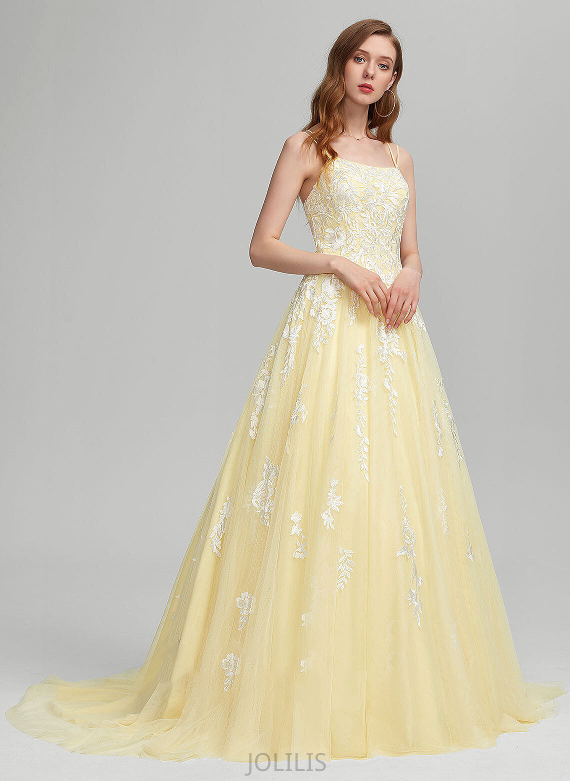 Elvira Square Neckline Train Ball-Gown/Princess Tulle Prom Dresses Sweep