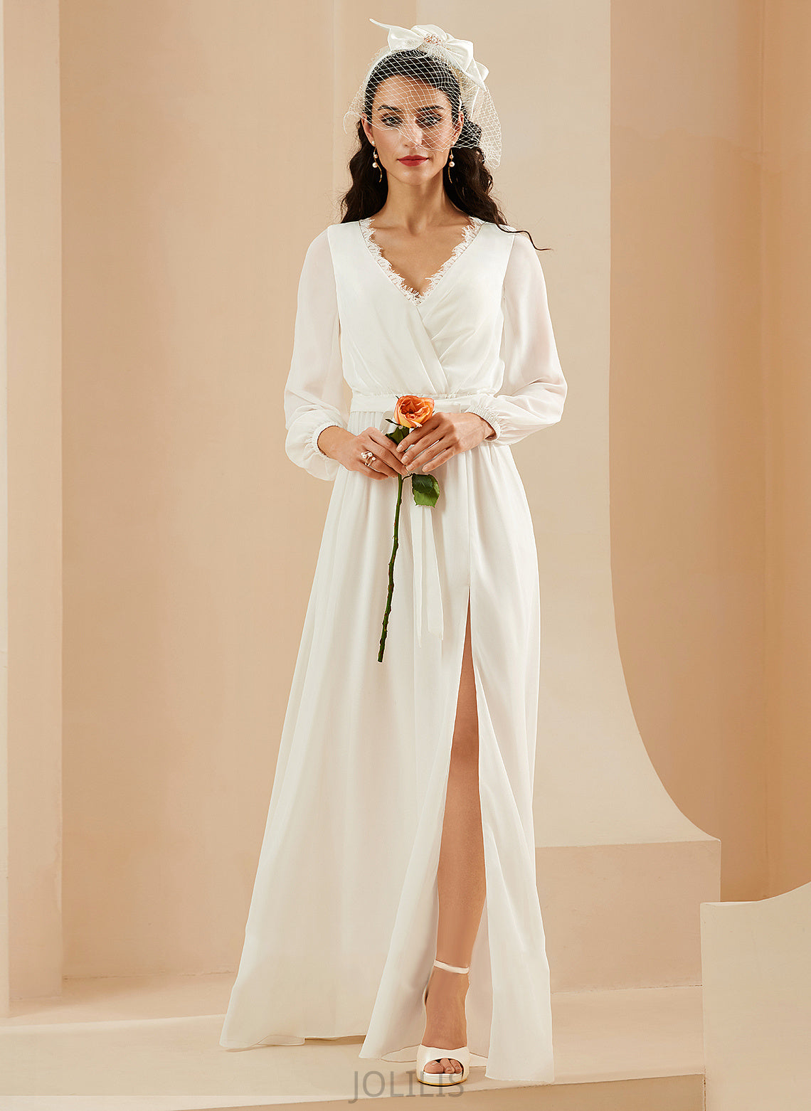 Split Chiffon Wedding Dresses Wedding Lace Front Floor-Length With A-Line Dress Katelynn V-neck