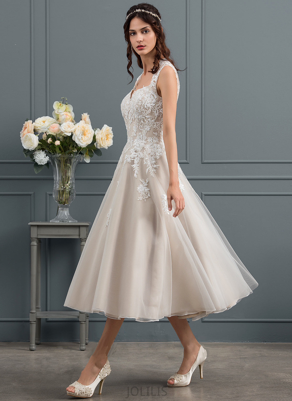 Ball-Gown/Princess Dress With Tulle Wedding Sequins Sweetheart Tea-Length Janessa Wedding Dresses