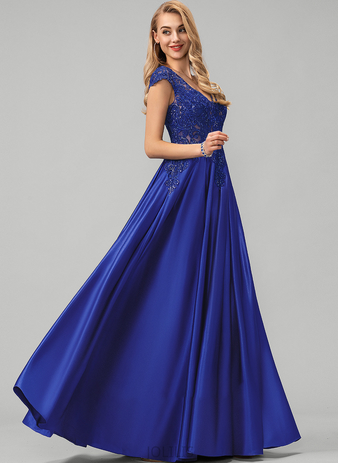 Prom Dresses Satin V-neck Valeria Floor-Length With Ball-Gown/Princess Sequins Lace