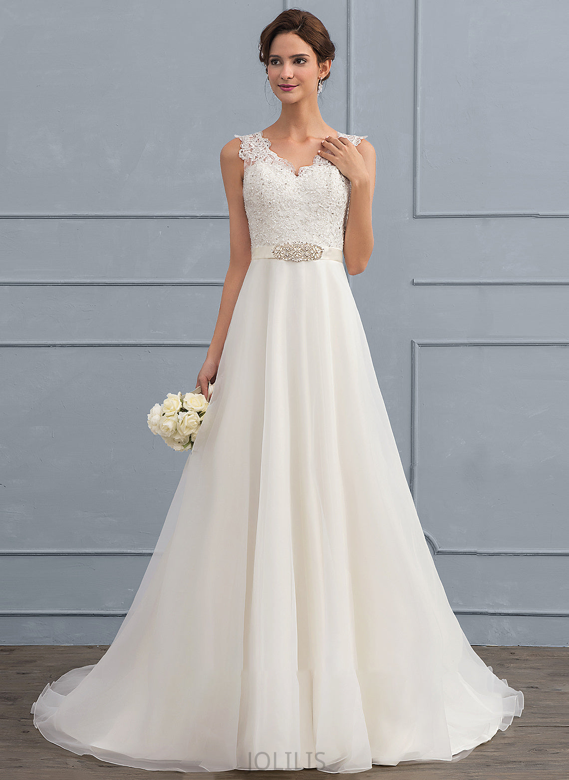 V-neck Wedding Dresses With Organza Bow(s) Dress Train A-Line Beading Wedding Sweep Mallory