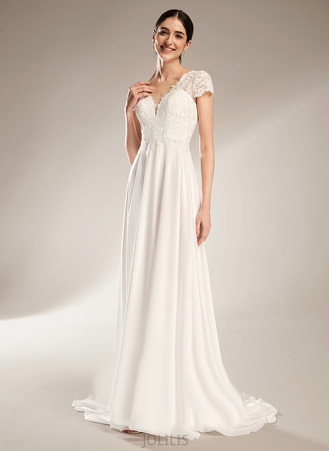 Finley A-Line Train Court V-neck Chiffon With Dress Bow(s) Wedding Wedding Dresses Lace