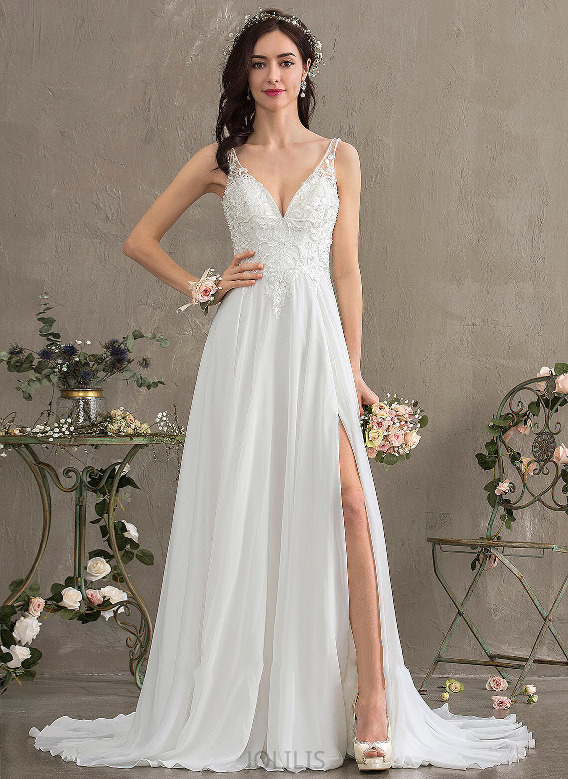 Beading Wedding V-neck A-Line Split Dress Sweep Train Kaliyah Sequins Wedding Dresses With Chiffon Front