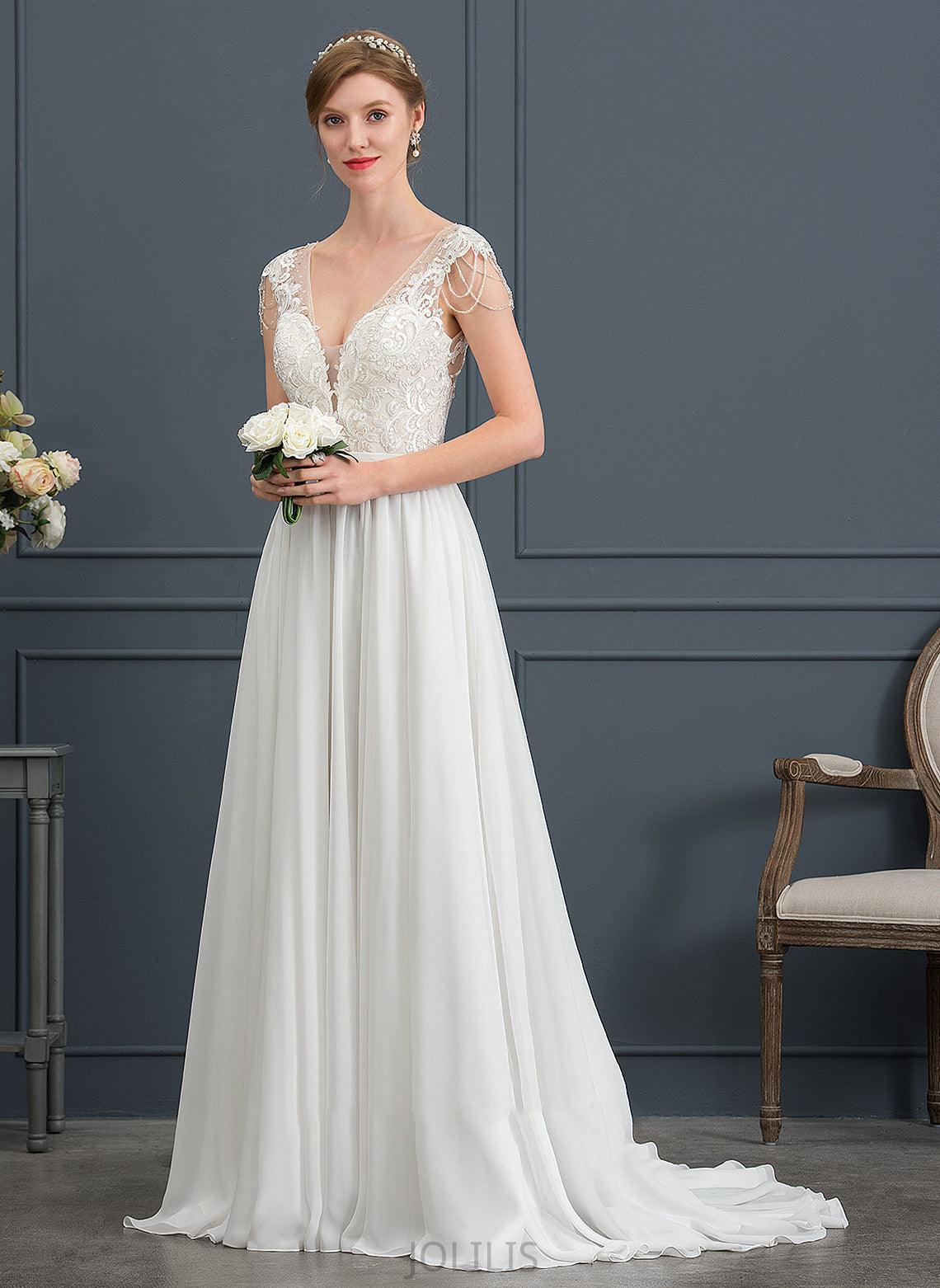 With Wedding Dresses Dress Train Beading Sweep Wedding Chiffon Corinne V-neck Sequins A-Line