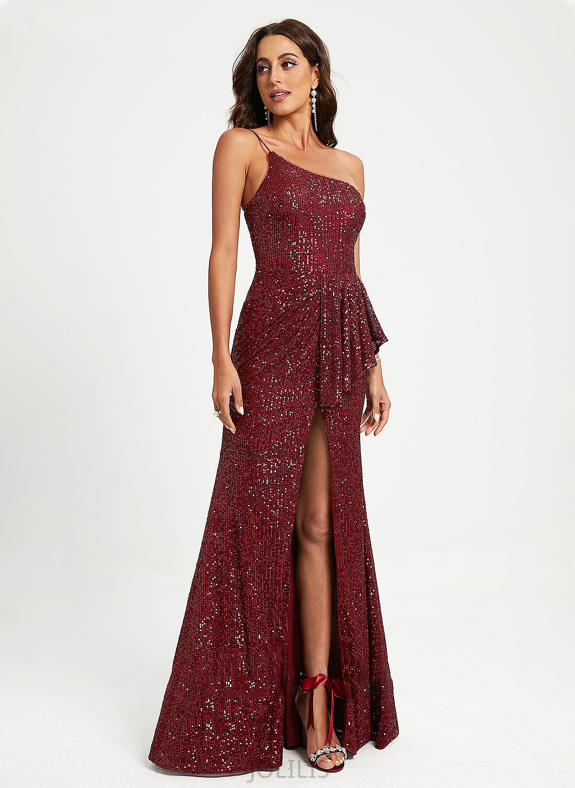 One-Shoulder Amy Sequined Sequins Floor-Length Sheath/Column With Prom Dresses Ruffle