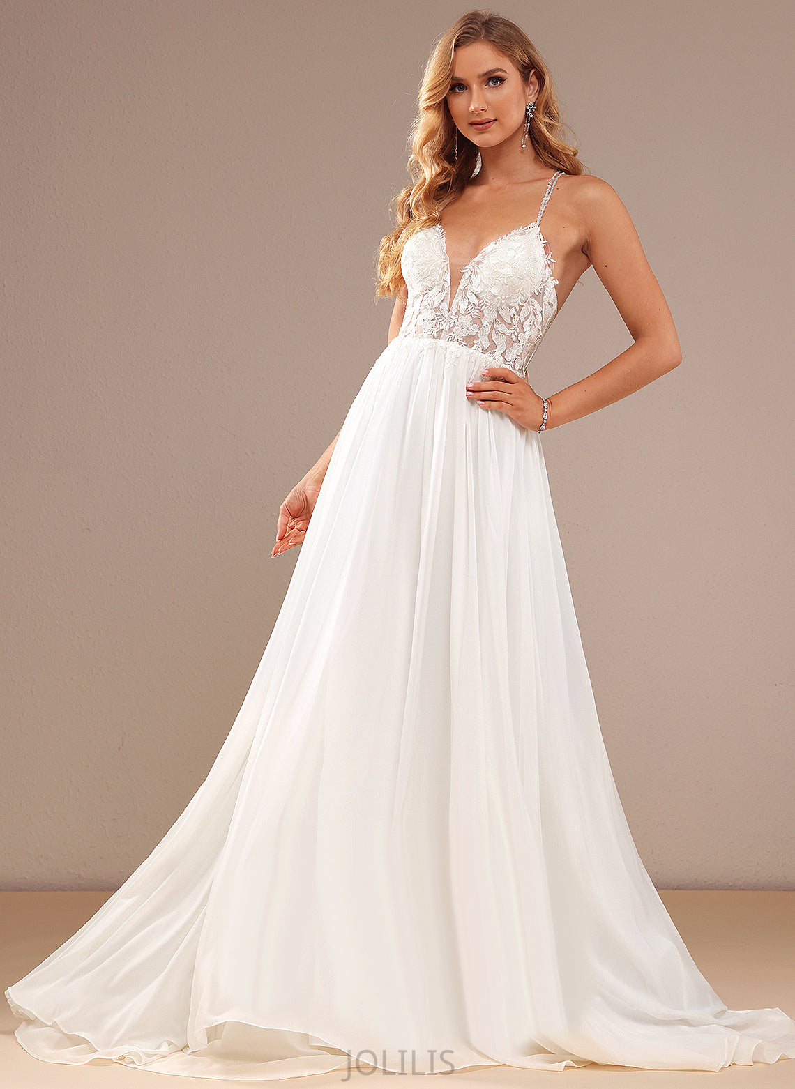 V-neck Lace With A-Line Sequins Dress Chiffon Wedding Wedding Dresses Alana Beading Sweep Train