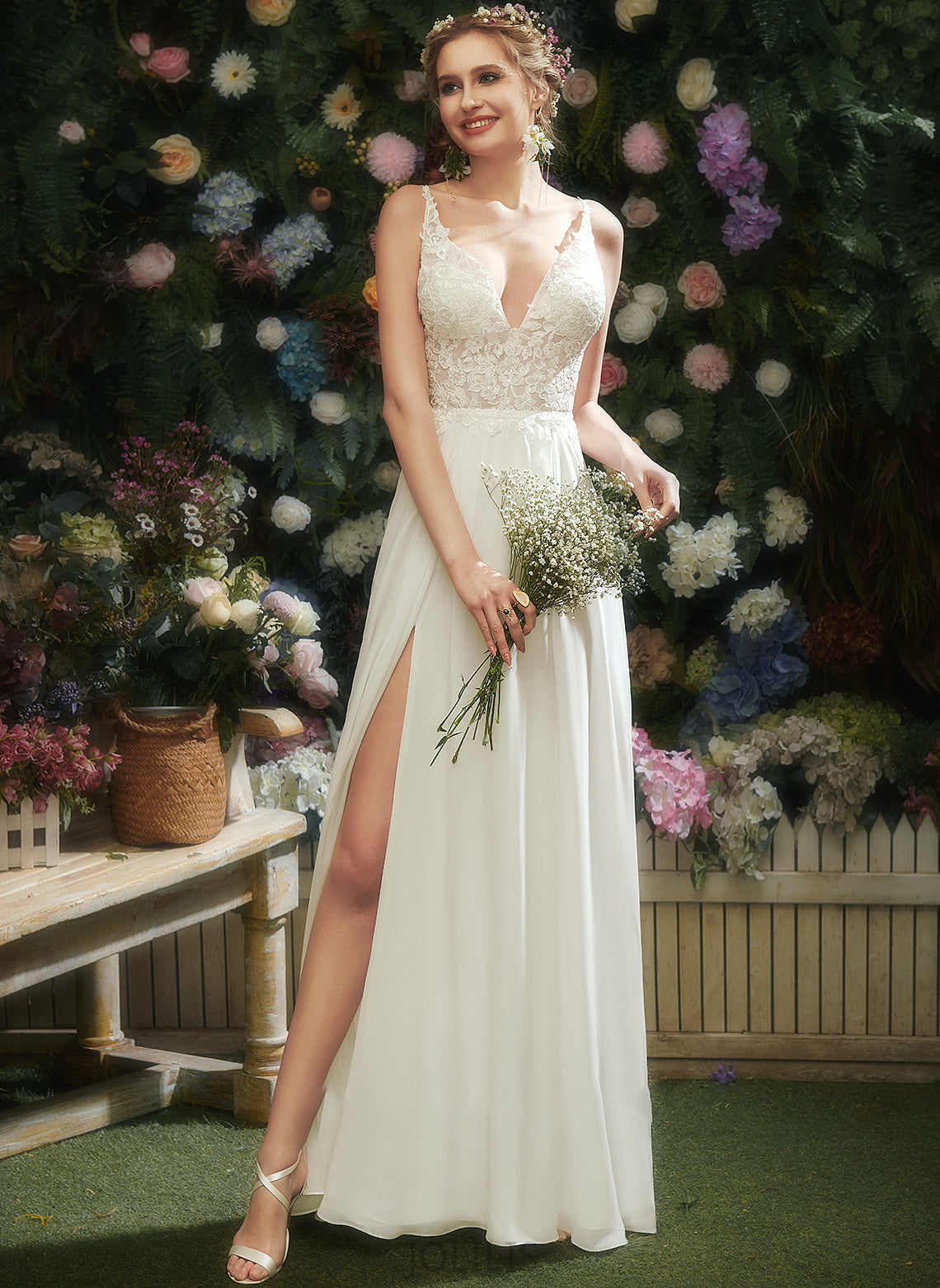 Floor-Length Paloma Split Lace Wedding Dresses V-neck A-Line Wedding With Dress Front