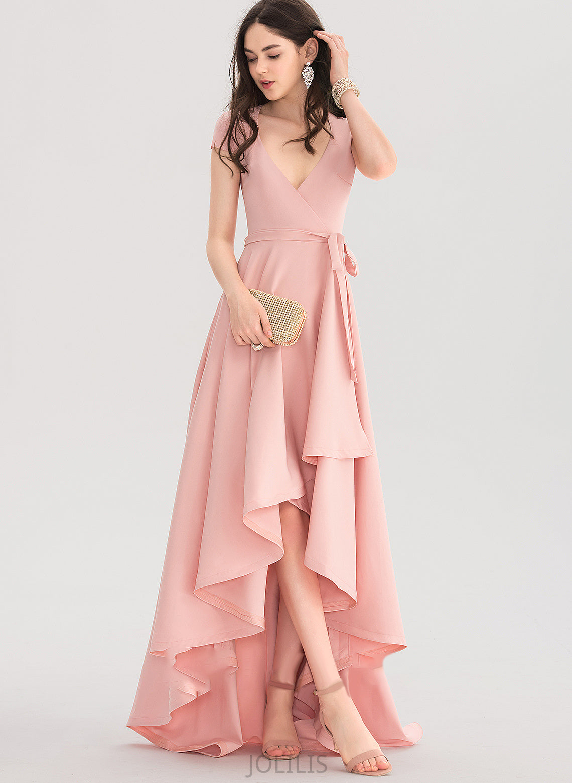 Asymmetrical Ciara A-Line Prom Dresses Crepe V-neck Stretch