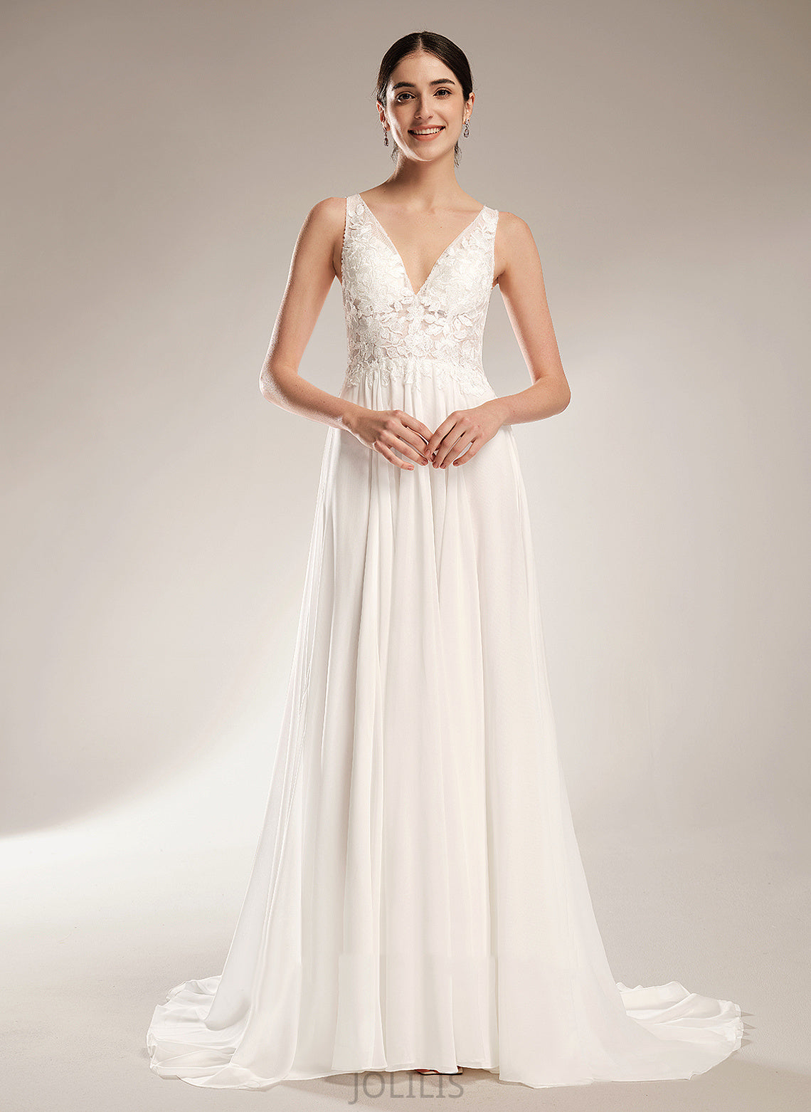 A-Line Train Dress Rihanna Wedding Court V-neck Chiffon Sequins Wedding Dresses Lace With Beading