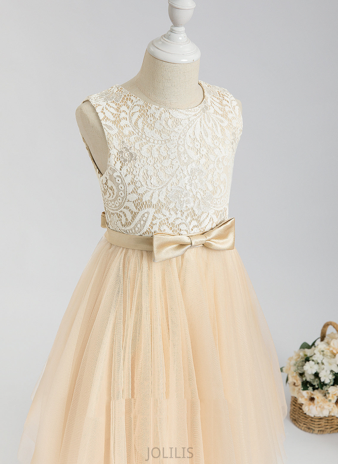 Neck A-Line Scalloped - Lace/Bow(s) With Tea-length Tulle Flower Girl Dresses Lucile Flower Girl Sleeveless Dress