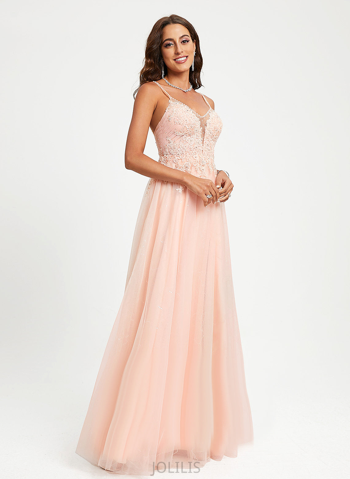 Lace V-neck Ball-Gown/Princess Tulle Floor-Length With Beading Tianna Prom Dresses Sequins