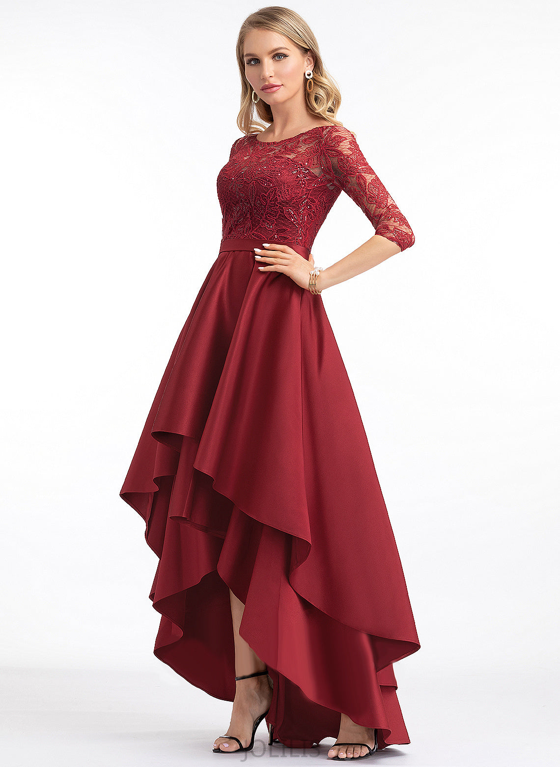 A-Line Asymmetrical Satin Scoop Prom Dresses Lace With Magdalena Sequins