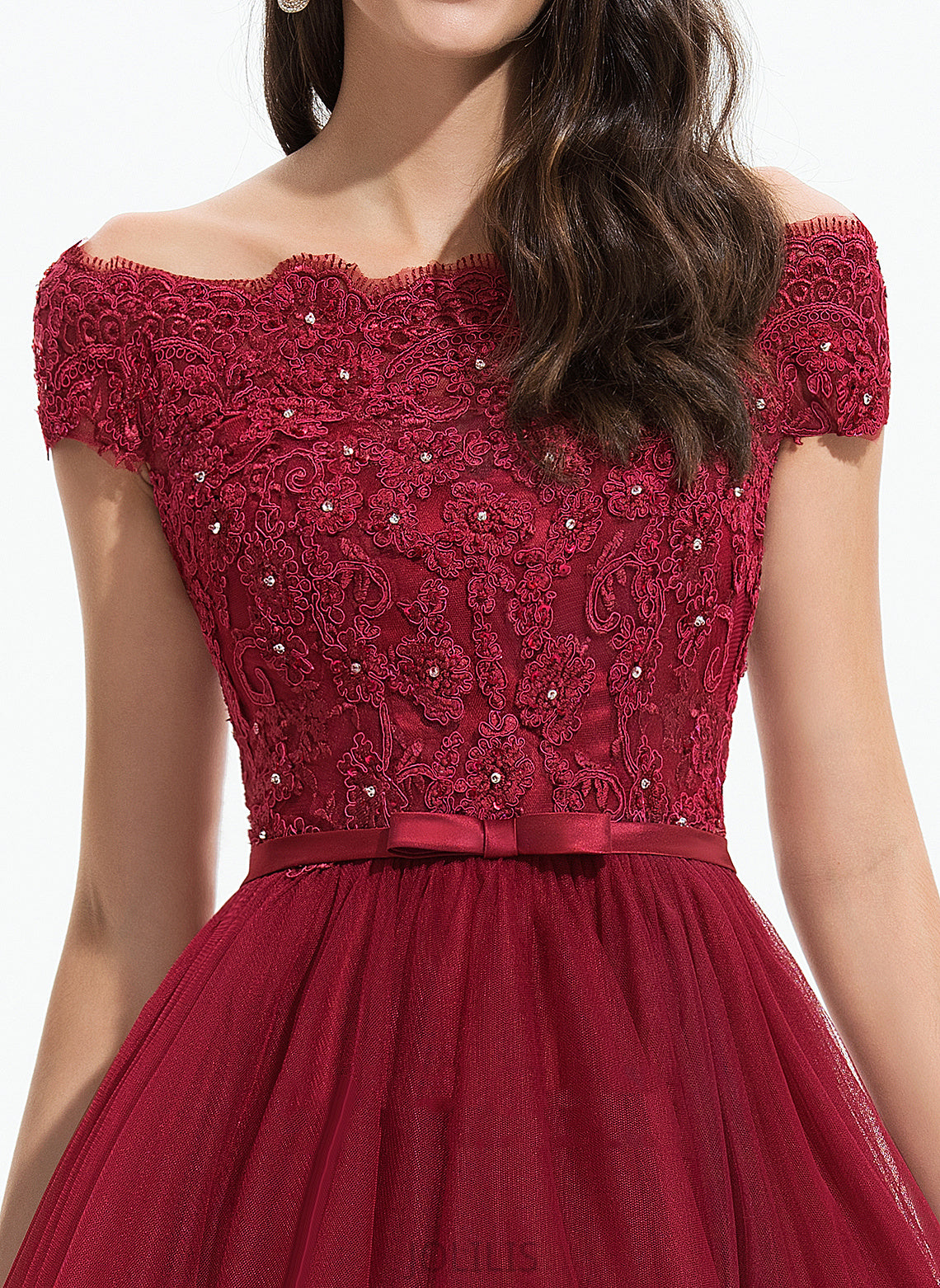 Lace Beading Prom Dresses Tina A-Line Asymmetrical Bow(s) Tulle Sequins With Off-the-Shoulder