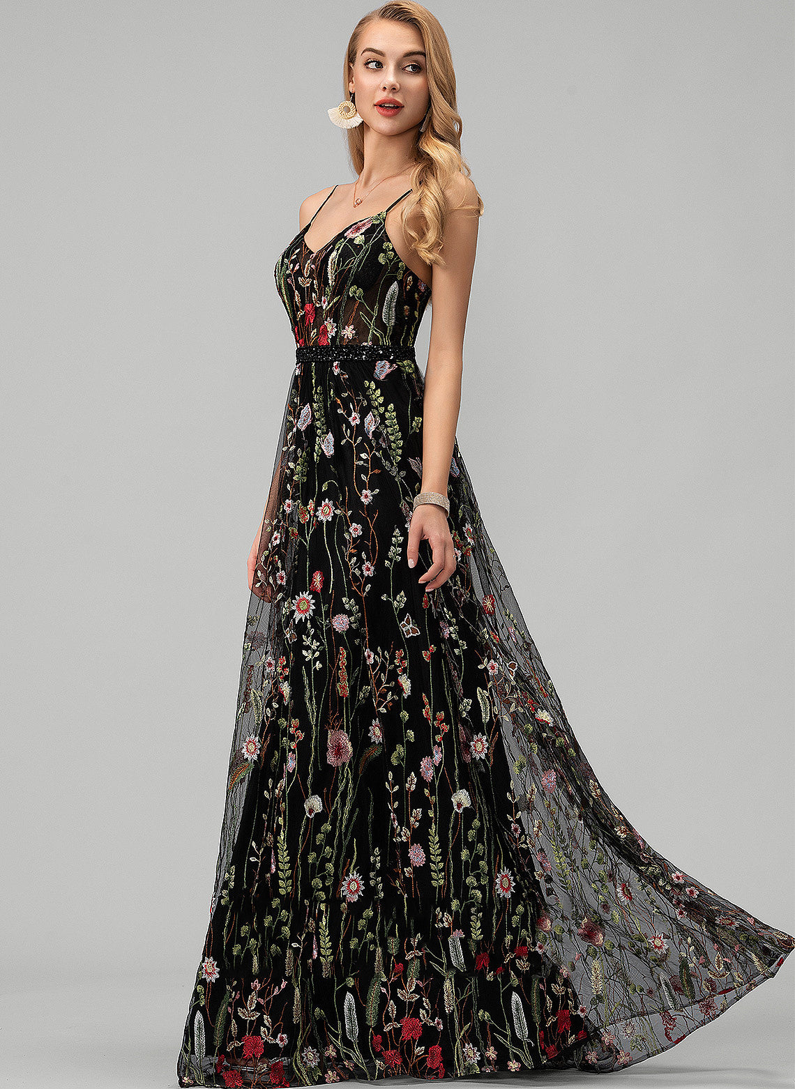 Beading V-neck Floor-Length Lace Prom Dresses With A-Line Makena