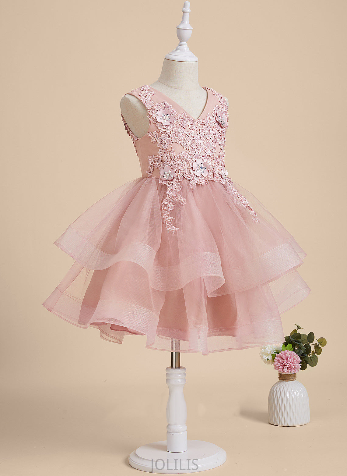 Dress V-neck Sleeveless Flower A-Line Knee-length Teresa Tulle/Lace - Flower Girl Dresses Girl Beading/Flower(s)/Sequins With