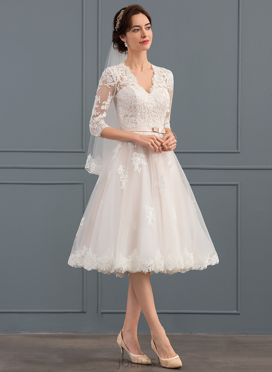 Tulle Wedding Dresses With Dress Wedding V-neck Diamond Knee-Length A-Line Bow(s)