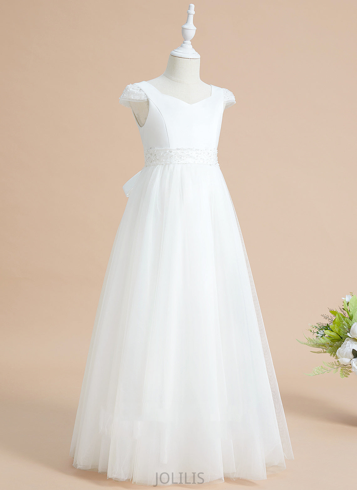 V-neck With Satin/Tulle Dress Ball-Gown/Princess - Girl Flower Girl Dresses Beading/Bow(s) Floor-length Sleeves Kit Flower Short