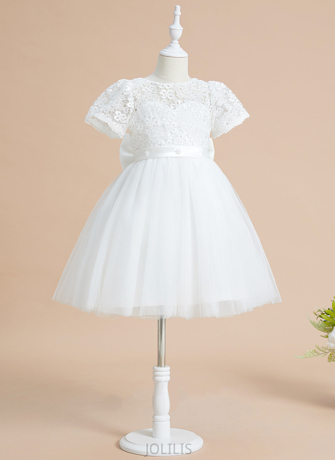 Tulle/Lace Girl Short Neck Knee-length Flower - With Sleeves Nathalia Bow(s) Scoop A-Line Flower Girl Dresses Dress