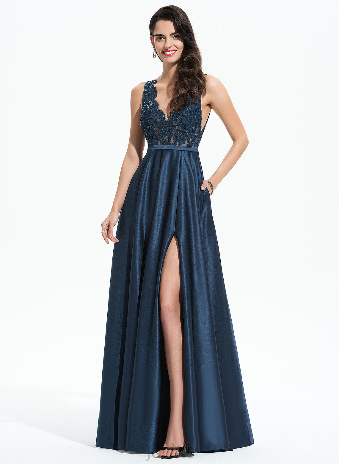 A-Line Satin Sequins With Aracely Lace V-neck Floor-Length Prom Dresses