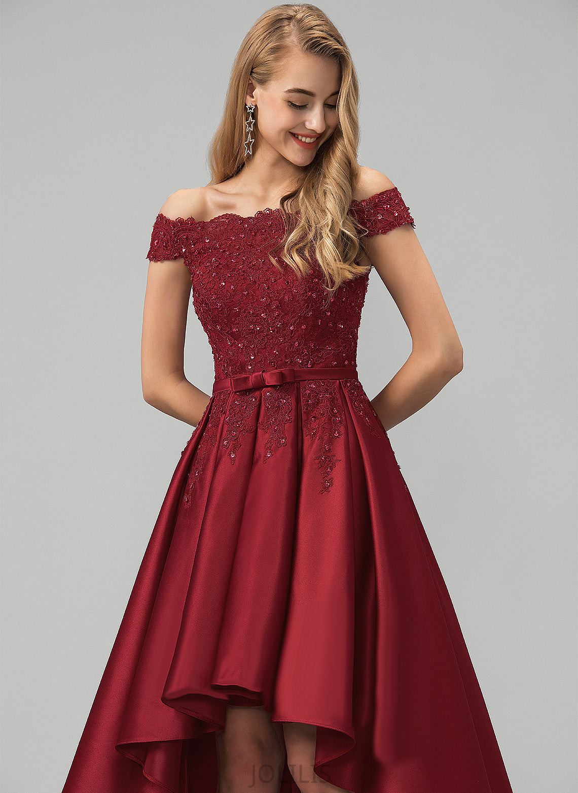 With Ball-Gown/Princess Bow(s) Teresa Sequins Asymmetrical Beading Prom Dresses Off-the-Shoulder Satin