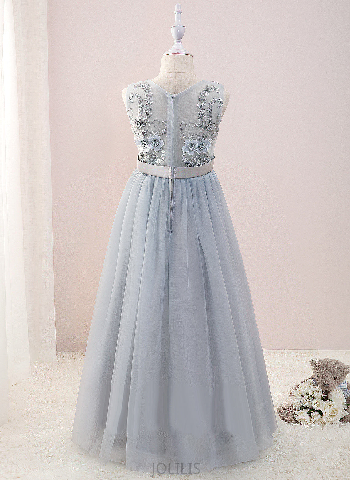 A-Line Sleeveless Girl Desirae V-neck Flower Girl Dresses Flower - With Floor-length Beading/Flower(s) Dress Tulle/Lace