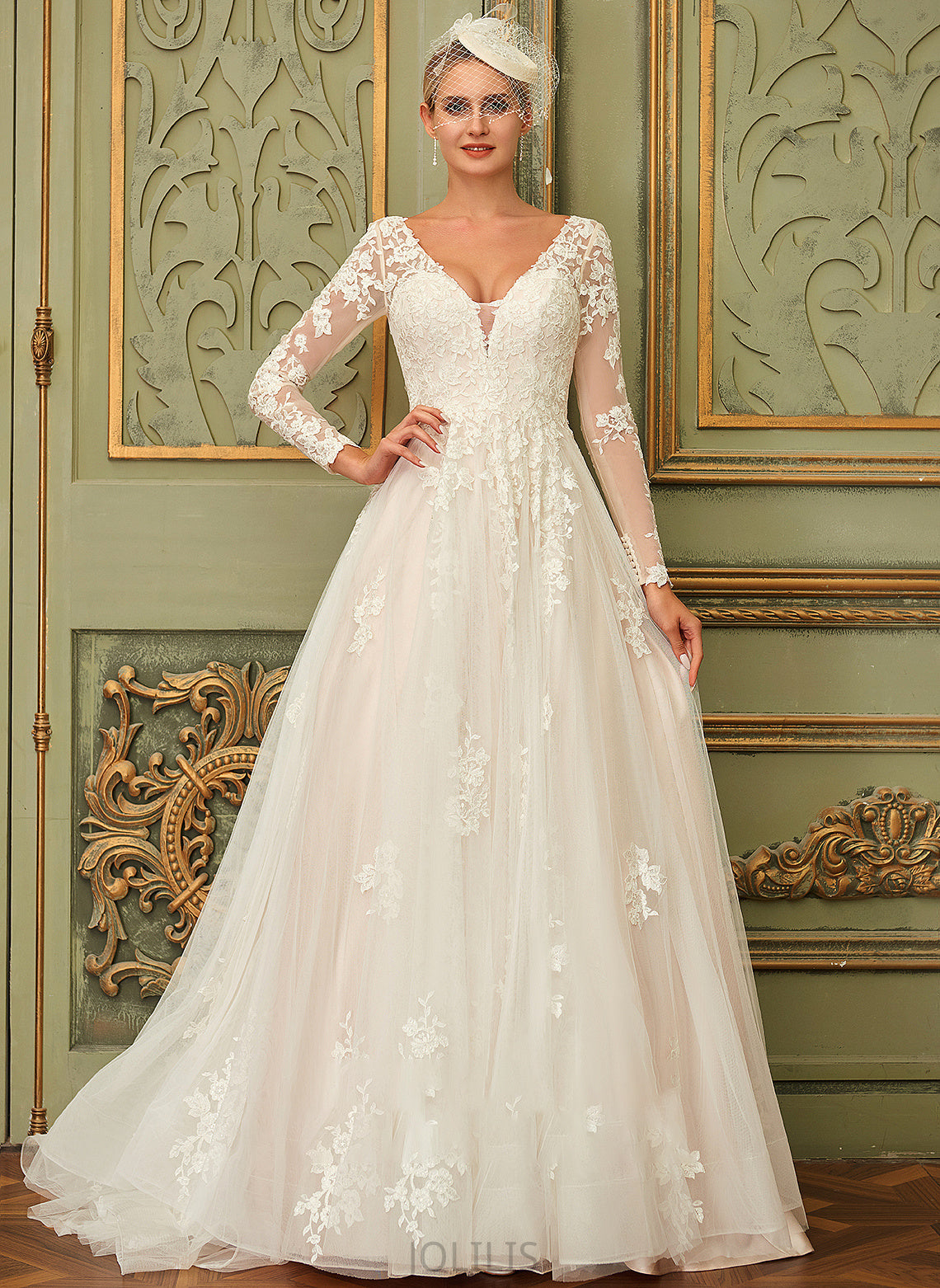 Ball-Gown/Princess Wedding Dresses Gabrielle Sweep Tulle V-neck Train Dress Wedding Lace