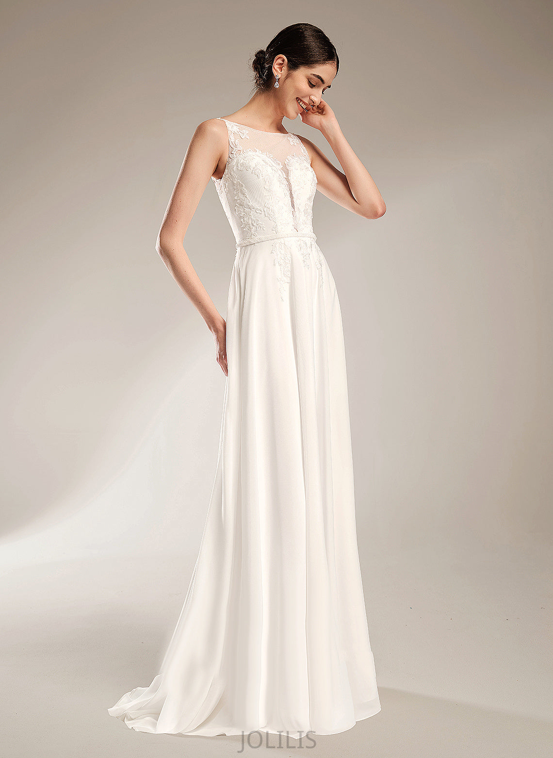 Train Chiffon Dress Sequins A-Line Lace Wedding Illusion With Ximena Sweep Wedding Dresses