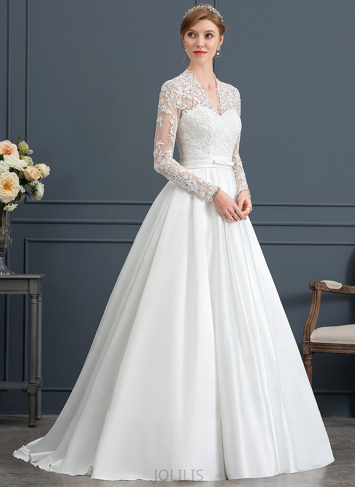 Dress Court With Bow(s) Ball-Gown/Princess V-neck Satin Marisol Wedding Train Wedding Dresses