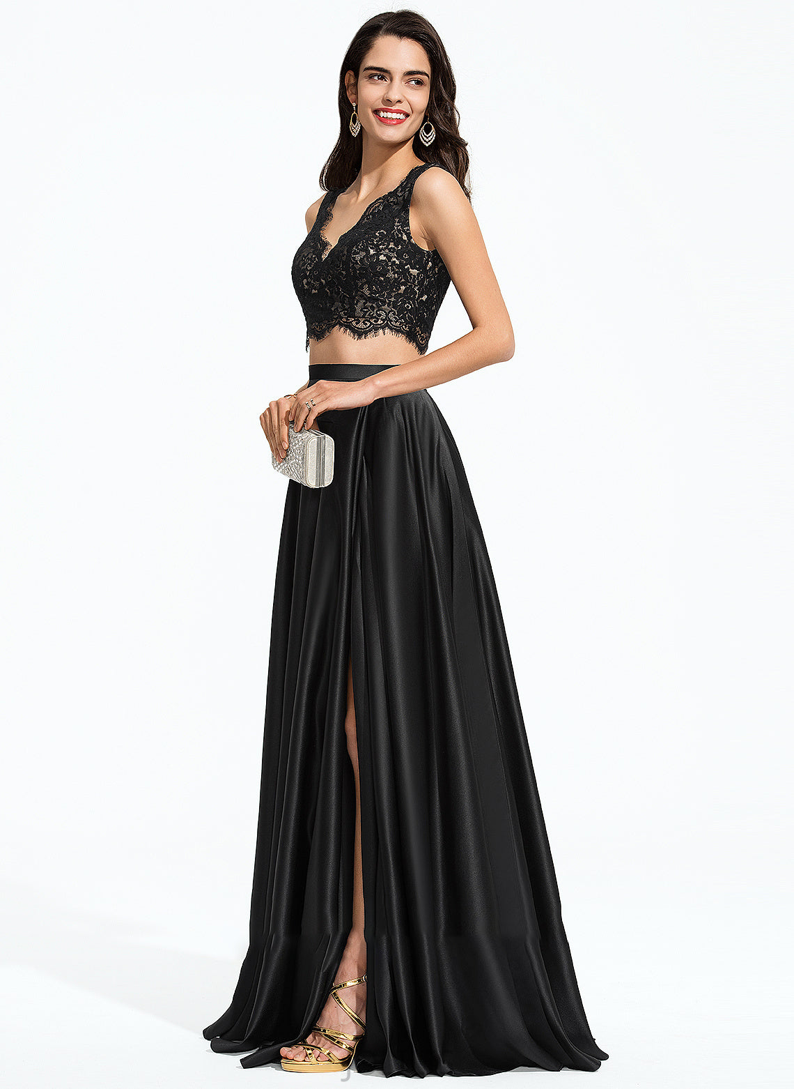 V-neck Front Split A-Line Prom Dresses Floor-Length Macie Satin With